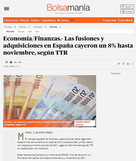 Economa/Finanzas.- Las fusiones y adquisiciones en Espaa cayeron un 8% hasta noviembre, segn TTR